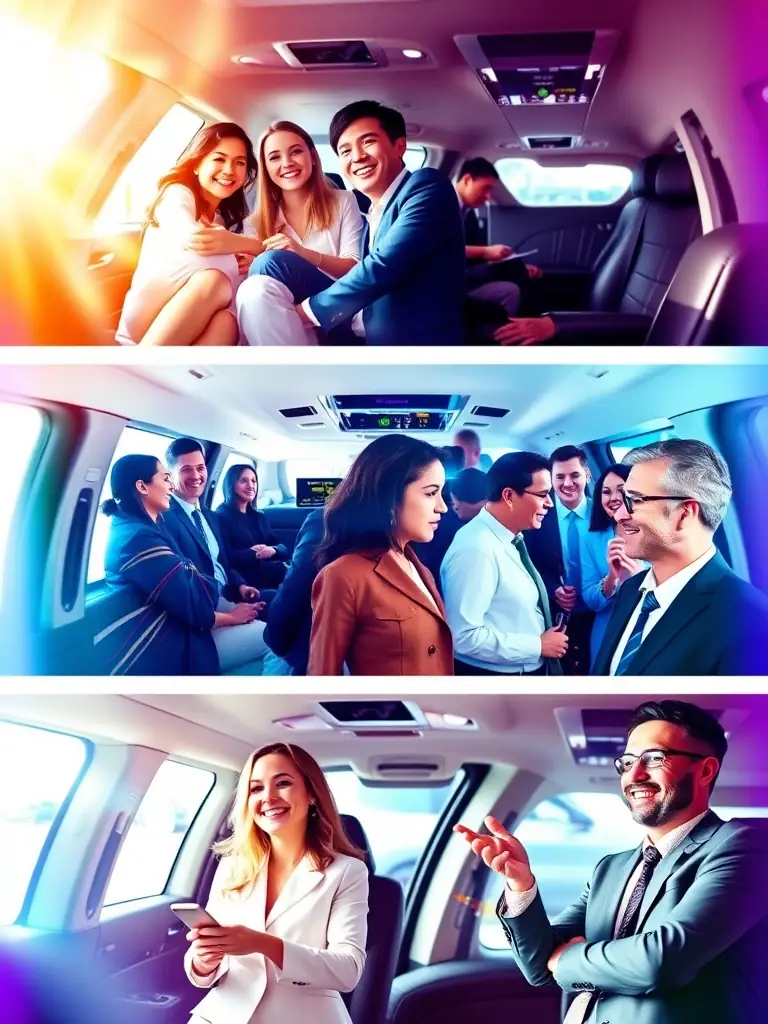 A collage showcasing various business scenarios where Limo Taxi Services can be utilized, such as airport transfers, corporate events, and client meetings, all featuring happy and satisfied clients.