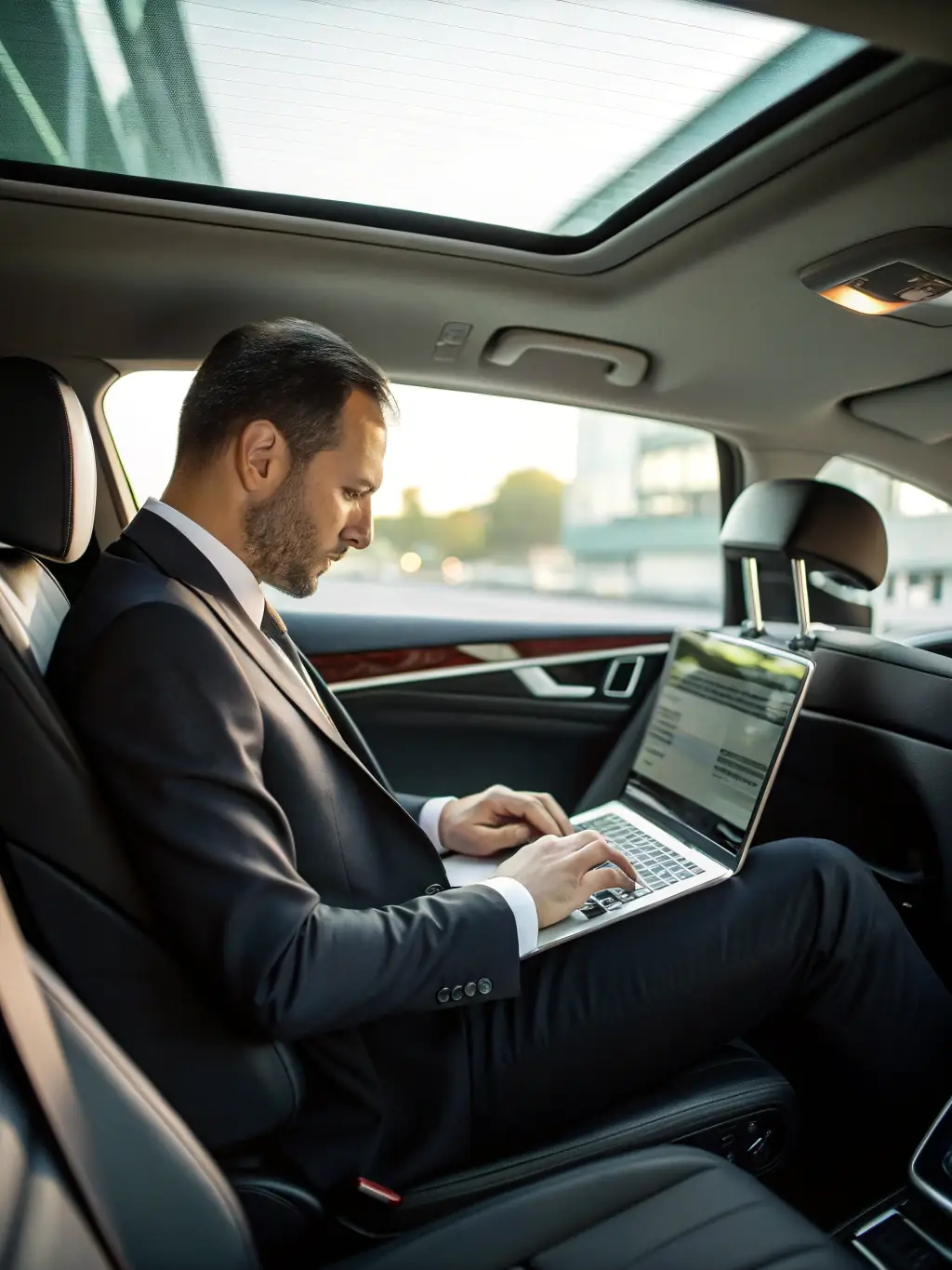 A professional businessman in a suit working on a laptop in the back of a luxury Limo Taxi Services car, showcasing productivity during travel time. The background shows blurred city lights at night.