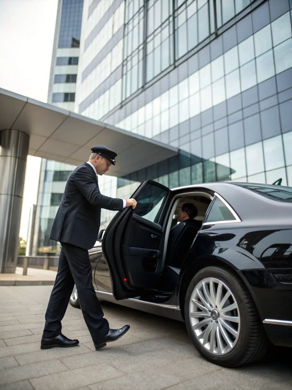 A Limo Taxi Services chauffeur opening the car door for a business executive, emphasizing the high level of service and professionalism. The car is sleek and well-maintained.
